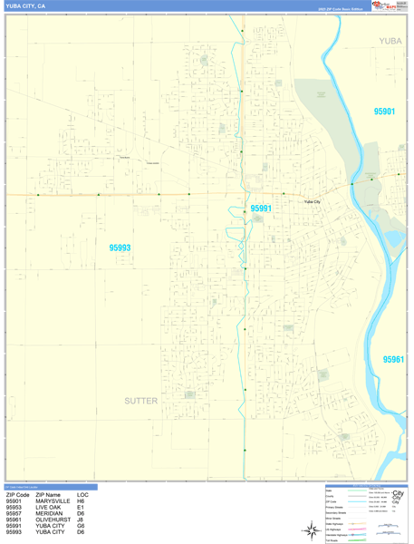 Yuba City California Zip Code Wall Map Basic Style By Marketmaps